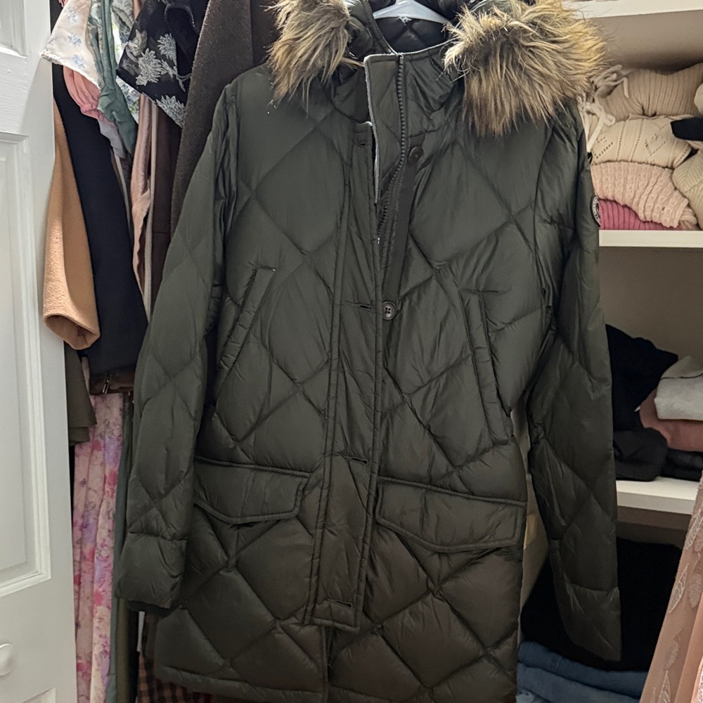 Abercrombie & Fitch Olive Puffer Jacket with Faux Fur Hood